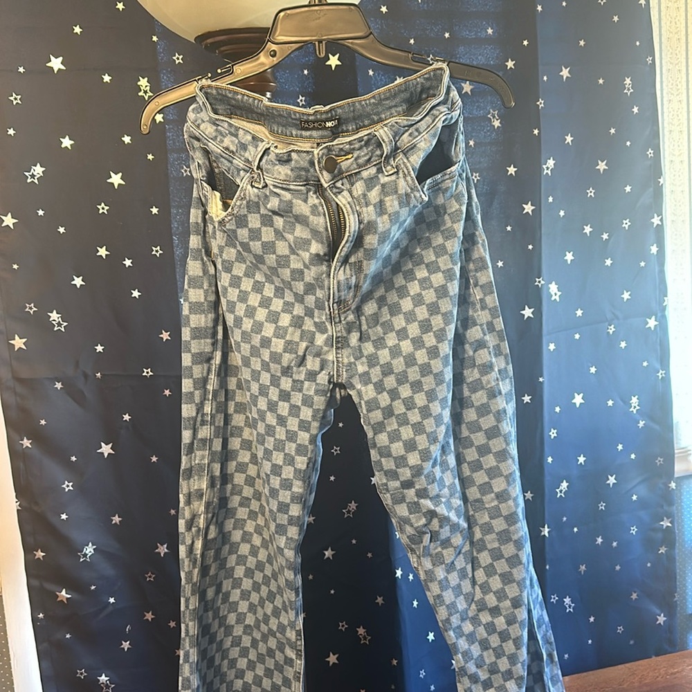 Fashion Nova-checkered high wasted flair jeans. Size 13